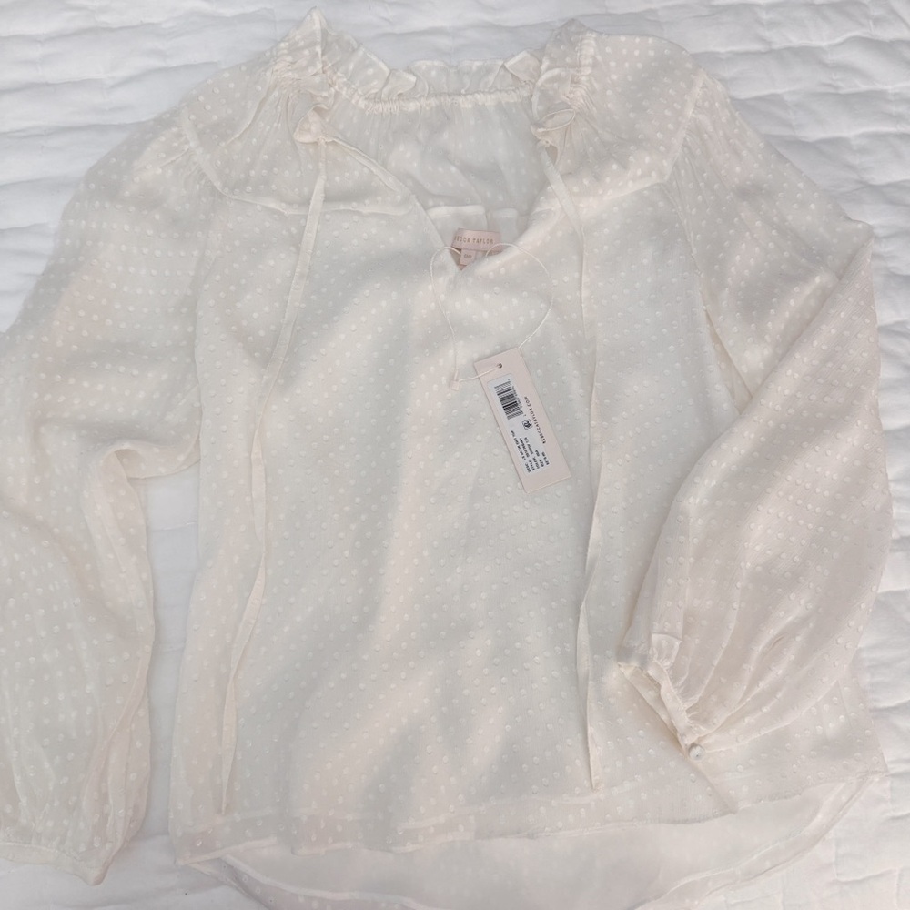 Rebecca Taylor La Chemise LS Satin Dot Top Silk Ivory Offwhite Blouse Top XS